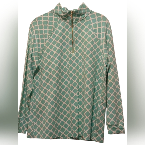 Pappagallo - NWT, Turquoise & White Diamond Print, Long Sleeve Pullover Warm-up - Picture 2 of 11